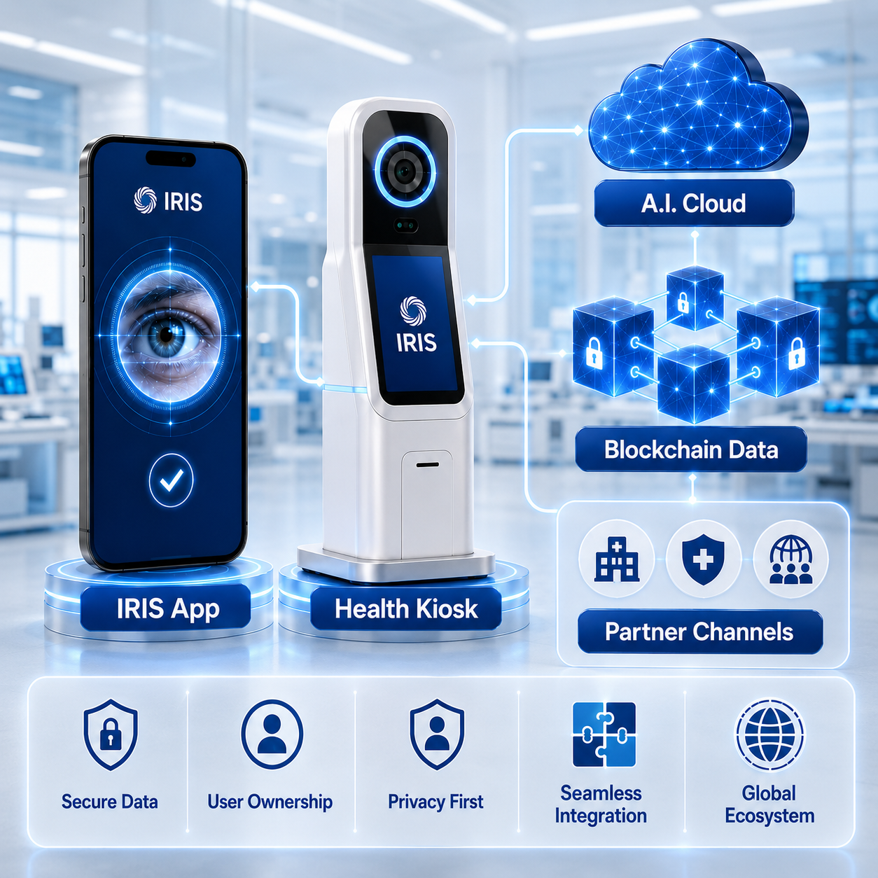 IRIS Chain platform ecosystem with mobile app, kiosk, cloud and blockchain